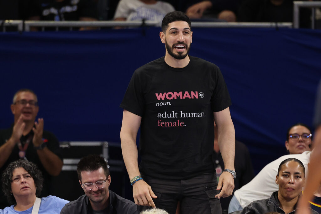 Former basketball player Enes Kanter Freedom looks on during the second half between the Chicago Sky and the Indiana Fever at Wintrust Arena.