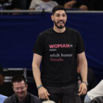 Former basketball player Enes Kanter Freedom looks on during the second half between the Chicago Sky and the Indiana Fever at Wintrust Arena.