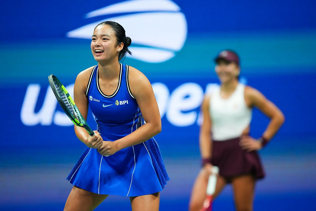 Alexandra Eala reacts during a Stars of the Open match against Iva Jovic during Fan Week as part of the 2026 US Open at USTA Billie Jean King National Tennis Center.