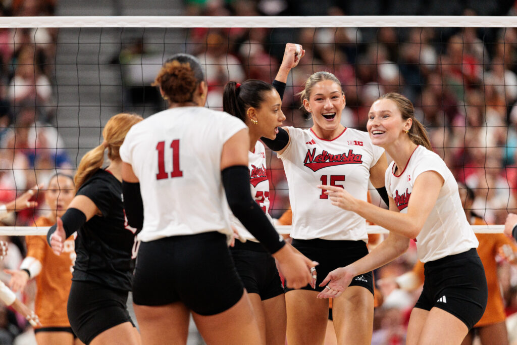 Nebraska Cornhuskers players react during the Players Era Volleyball Showcase: Nebraska v Texas at T-Mobile Arena.