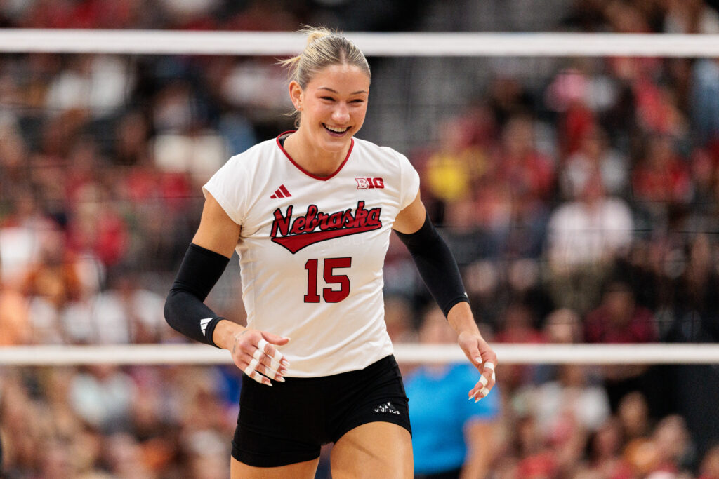 Andi Jackson #15 of the Nebraska Cornhuskers reacts during the Players Era Volleyball Showcase: Nebraska v Texas at T-Mobile Arena on August 30, 2026 in Las Vegas, Nevada.