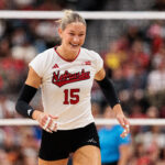 Andi Jackson #15 of the Nebraska Cornhuskers reacts during the Players Era Volleyball Showcase: Nebraska v Texas at T-Mobile Arena on August 30, 2026 in Las Vegas, Nevada.