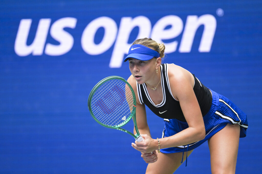 Amanda Anisimova waits for the serve against Ashlyn Krueger during a Women's Singles match on Day Two of the 2026 US Open at USTA Billie Jean King National Tennis Center.