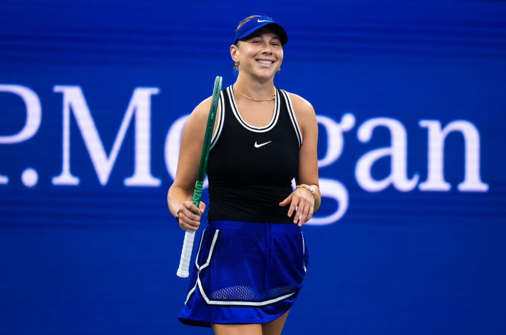 Amanda Anisimova of the United States reacts to defeating Ashlyn Krueger of the United States in the first round on Day 2 of the US Open at USTA Billie Jean King National Tennis Center.