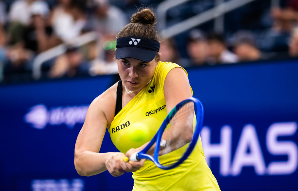 Linda Noskova of the Czech Republic in action against Katie Volynets of the United States in the first round on Day 2 of the US Open.