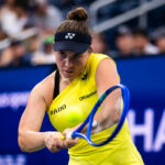 Linda Noskova of the Czech Republic in action against Katie Volynets of the United States in the first round on Day 2 of the US Open.