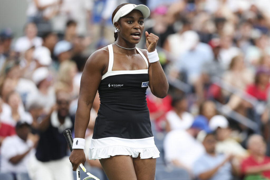 Sloane Stephens reacts against Clara Tauson during a Women's Singles match on Day Two of the 2026 US Open at USTA Billie Jean King National Tennis Center on Monday.