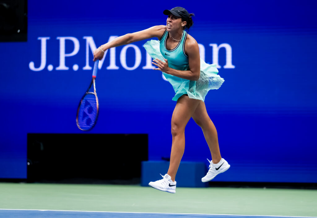 Madison Keys of the United States in action against Alina Korneeva in the first round on Day 3 of the US Open at USTA Billie Jean King National Tennis Center.