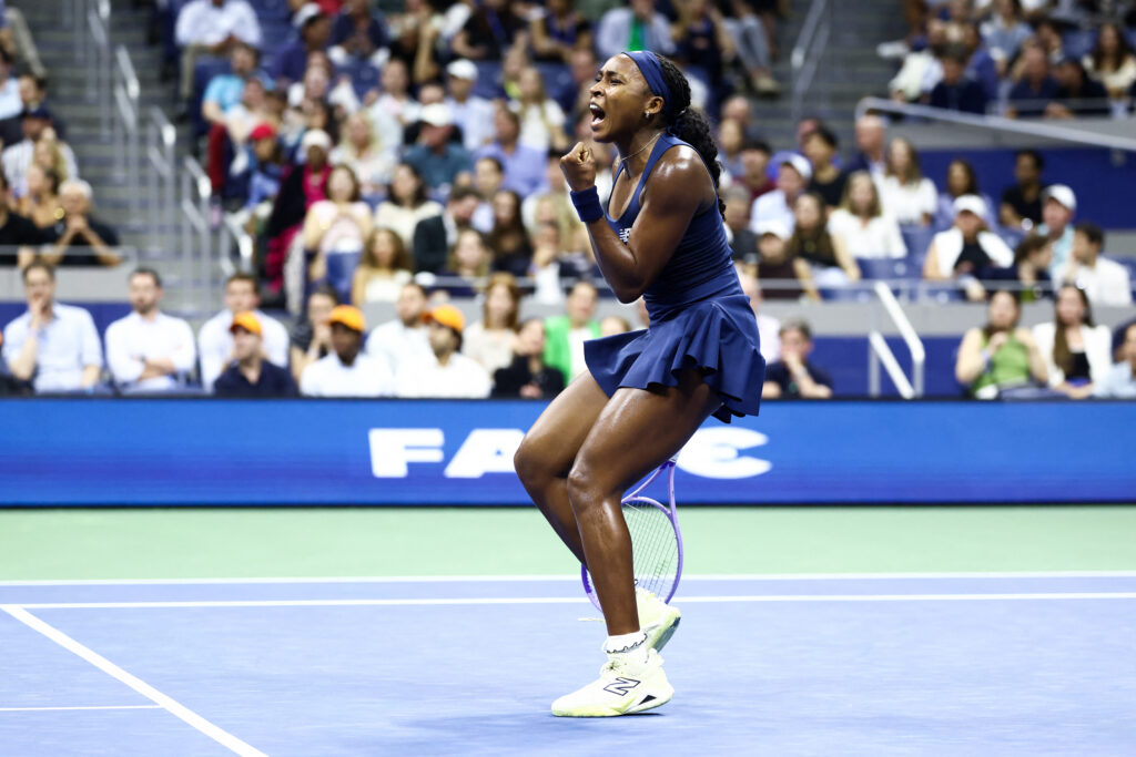 USA's Coco Gauff reacts after a point against Turkey's Zeynep Sonmez during the women's singles first round tennis match on day three of the US Open tennis tournament at the USTA Billie Jean King National Tennis Center.
