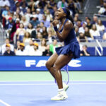 USA's Coco Gauff reacts after a point against Turkey's Zeynep Sonmez during the women's singles first round tennis match on day three of the US Open tennis tournament at the USTA Billie Jean King National Tennis Center.