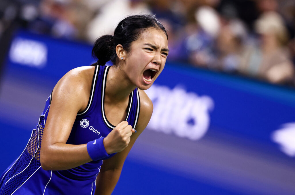 Philippines' Alexandra Eala celebrates a game point during the women's singles first round tennis match against USA's Mary Stoiana on day three of the US Open tennis tournament at the USTA Billie Jean King National Tennis Center.