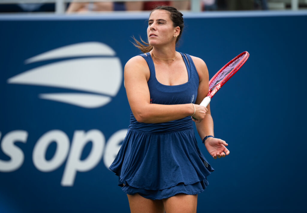 Emma Navarro of the United States in action against Catherine McNally of the United States in the second round on Day 4 of the US Open at USTA Billie Jean King National Tennis Center.