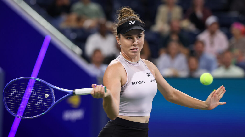 Linda Noskova in action against Lanlana Tararudee during a Women's Singles match on Day Four of the 2026 US Open at USTA Billie Jean King National Tennis Center.