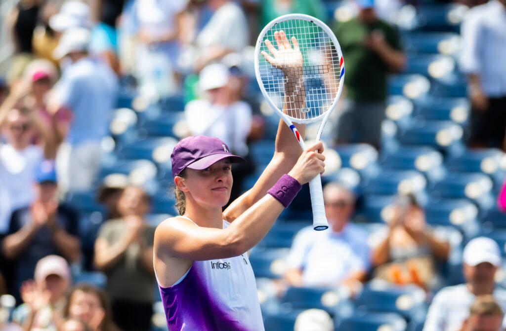 Iga Swiatek of Poland celebrates defeating Nadia Podoroska of Argentina in the second round on Day 5 of the US Open at USTA Billie Jean King National Tennis Center.
