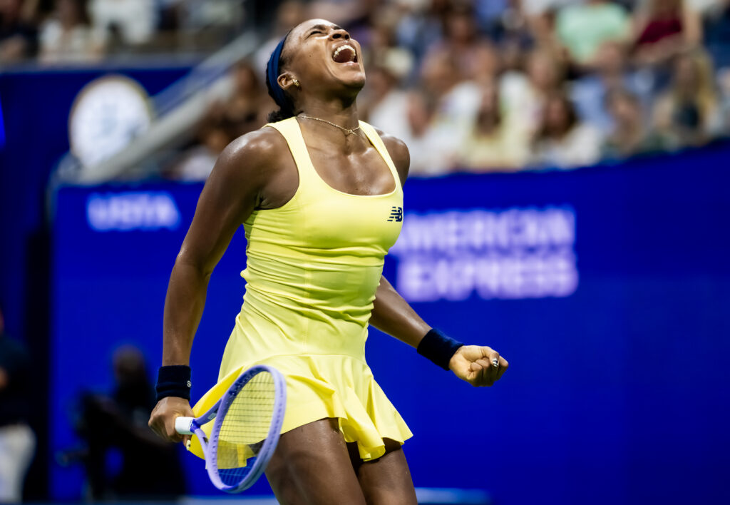 Coco Gauff of the United States reacts while playing against Paula Badosa of Spain in the second round on Day 5 of the US Open at USTA Billie Jean King National Tennis Center.