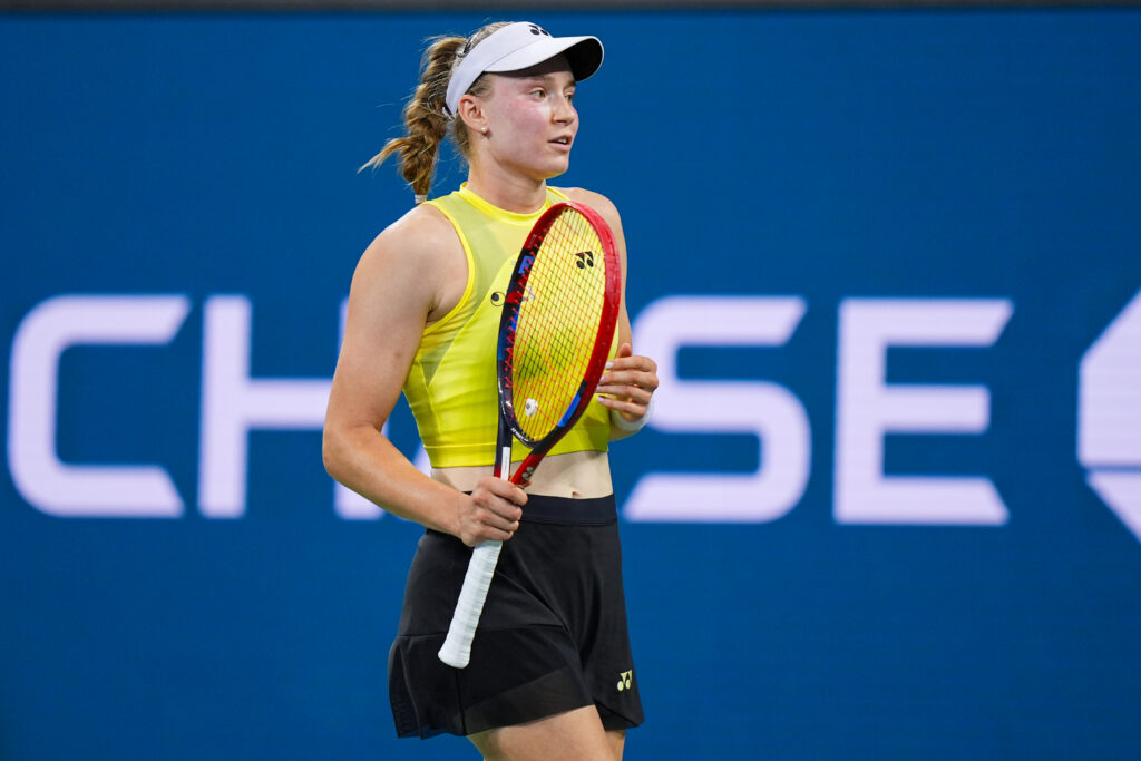 Elena Rybakina looks on against Jessica Bouzas Maneiro during a Women's Singles match on Day Five of the 2026 US Open at USTA Billie Jean King National Tennis Center.