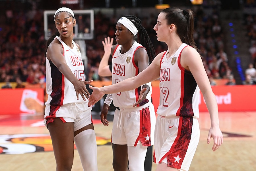 Angel Reese #15 and Caitlin Clark #12 of the USA Women's National Team high five during the game against the China National Team at the FIBA Women's Basketball World Cup 2026 on September 4, 2026 at Max-Schmeling-Halle in Berlin, Germany.
