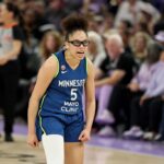 Olivia Miles #5 of the Minnesota Lynx reacts after making a basket against the Golden State Valkyries at Chase Center on August 19, 2026 in San Francisco, California.