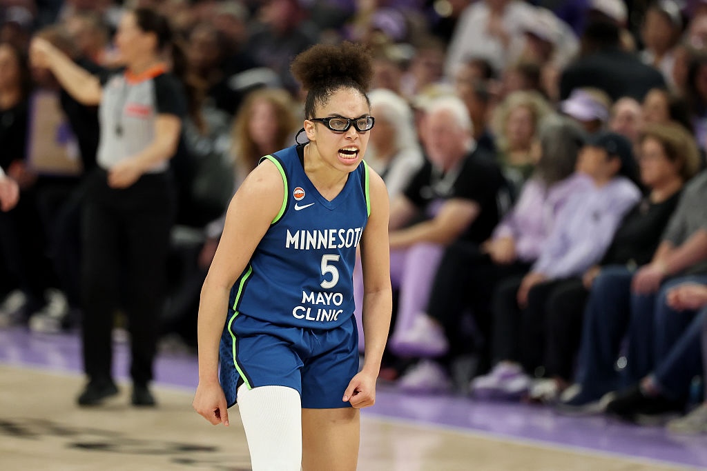 Olivia Miles #5 of the Minnesota Lynx reacts after making a basket against the Golden State Valkyries at Chase Center on August 19, 2026 in San Francisco, California.