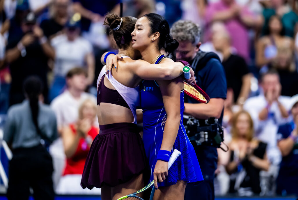 Alexandra Eala of the Philippines and Iva Jovic of the United States embrace at the net after the third round on Day 7 of the US Open at USTA Billie Jean King National Tennis Center.