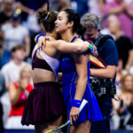 Alexandra Eala of the Philippines and Iva Jovic of the United States embrace at the net after the third round on Day 7 of the US Open at USTA Billie Jean King National Tennis Center.