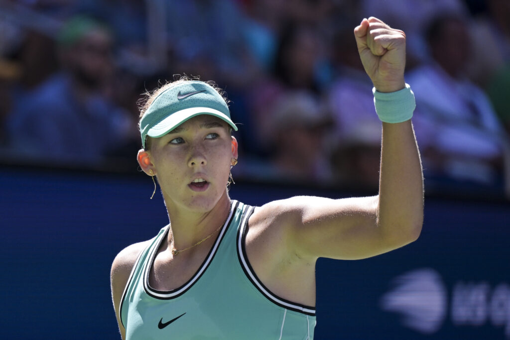 Mirra Andreeva react against Anastasia Potapova during a Women's Singles match on Day Nine of the 2026 US Open at USTA Billie Jean King National Tennis Center.
