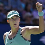 Mirra Andreeva react against Anastasia Potapova during a Women's Singles match on Day Nine of the 2026 US Open at USTA Billie Jean King National Tennis Center.
