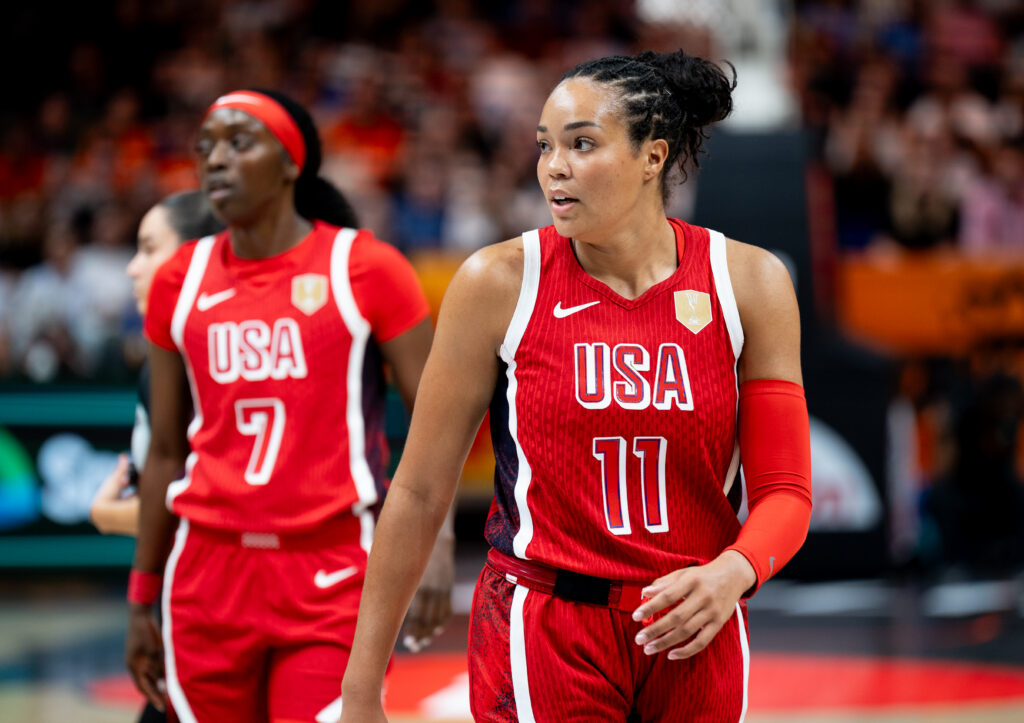 Napheesa Collier and Kahleah Copper play during the FIBA Women's Basketball World Cup 2026 match between Italy and the United States in Berlin, Germany.