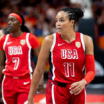 Napheesa Collier and Kahleah Copper play during the FIBA Women's Basketball World Cup 2026 match between Italy and the United States in Berlin, Germany.