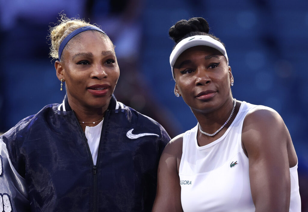 Venus Williams and Serena Williams of the United States before their Women's Doubles match against Hao-Ching Chan of Taiwan and Maya Joint of Australia on Day Six of the 2026 US Open.