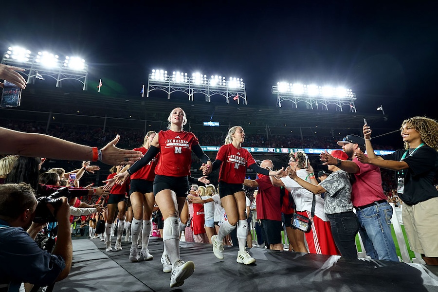 Laney Choboy #6 of the Nebraska Cornhuskers is greeted by fans against the Missouri Tigers at Wrigley Field on September 6, 2026 in Chicago, Illinois.