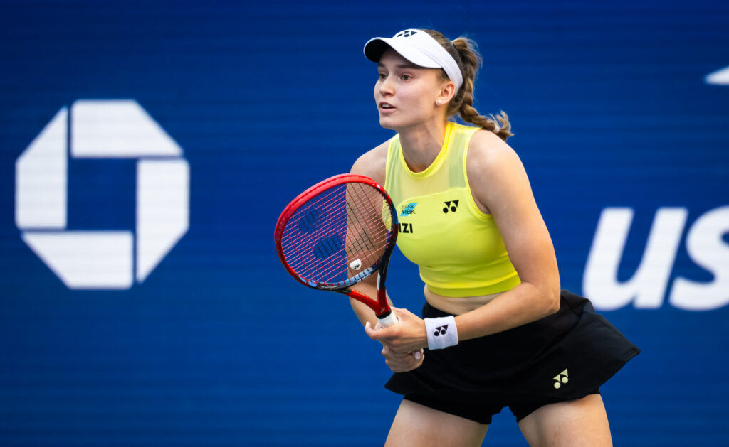 Elena Rybakina of Kazakhstan in action against Naomi Osaka of Japan in the fourth round on Day 9 of the US Open at USTA Billie Jean King National Tennis Center.