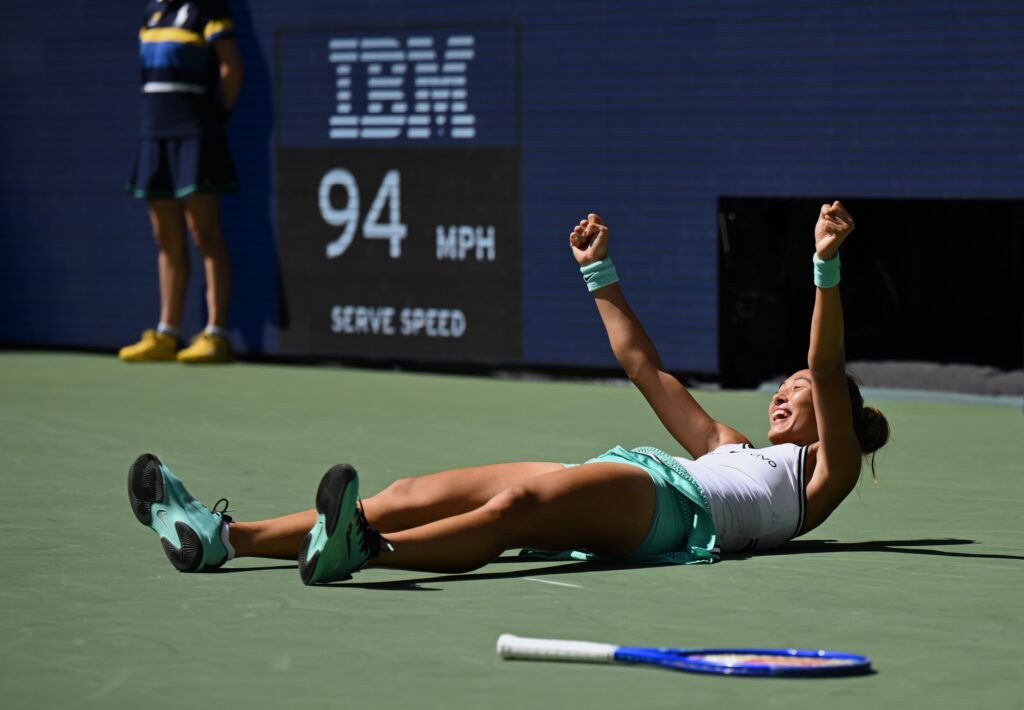 Zheng Qinwen celebrates after winning the women's singles fourth round match betweetn Zheng Qinwen of China and Iga Swiatek of Poland at the 2026 US Open tennis championships in New York.
