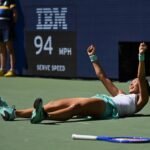 Zheng Qinwen celebrates after winning the women's singles fourth round match betweetn Zheng Qinwen of China and Iga Swiatek of Poland at the 2026 US Open tennis championships in New York.