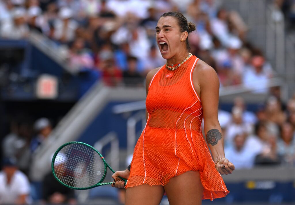 Aryna Sabalenka of Belarus celebrates after winning the women's quarterfinal match against Linda Noskova of Czech Republic at the 2026 US Open tennis championships in New York.