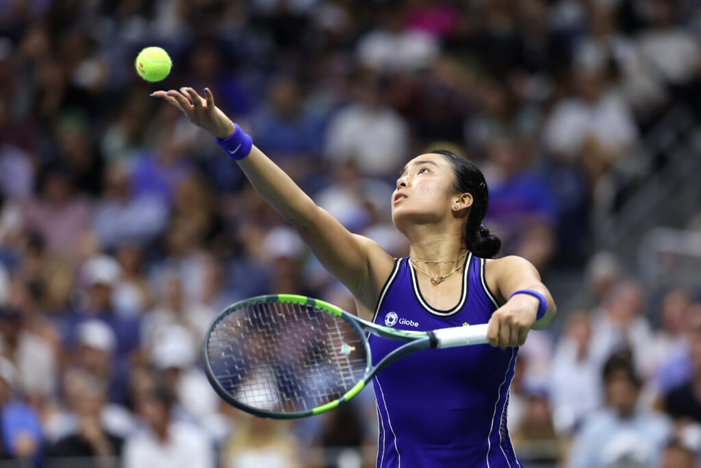 Alexandra Eala of Philippines serves against Iva Jovic of the United States during their Women's Singles Third Round match on Day Seven of the 2026 US Open at USTA Billie Jean King National Tennis Center on September 05, 2026 in the Flushing neighborhood of the Queens borough of New York City.
