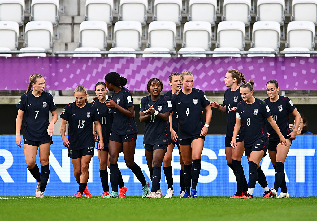 Micayla Johnson of the USA celebrates scoring her team’s first goal with teammates during the FIFA U-20 Women's World Cup Group D match between USA and Italy at Stadion Miejski LKS Lodz on September 06, 2026 in Lodz, Poland.