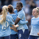 Khadija Shaw of Manchester City celebrates the first goal with goalscorer Mary Fowler and team mates during the Barclays Women's Super League 2026/27 match between Manchester City and Birmingham City at Joie Stadium on September 6, 2026 in Manchester, England.