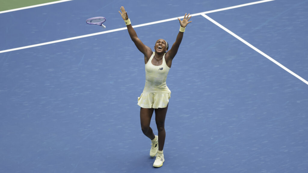 Coco Gauff reacts after winning a Women's Singles quarterfinal match on Day Eleven of the 2026 US Open at USTA Billie Jean King National Tennis Center on Wednesday, September 9, 2026 in Flushing, NY.