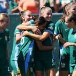 Yuzuki Yamamoto #18 of Denver Summit FC celebrates scoring her team's first goal with teammate Janine Sonis #6 during the NWSL match between Denver Summit FC and NJ/NY Gotham FC.