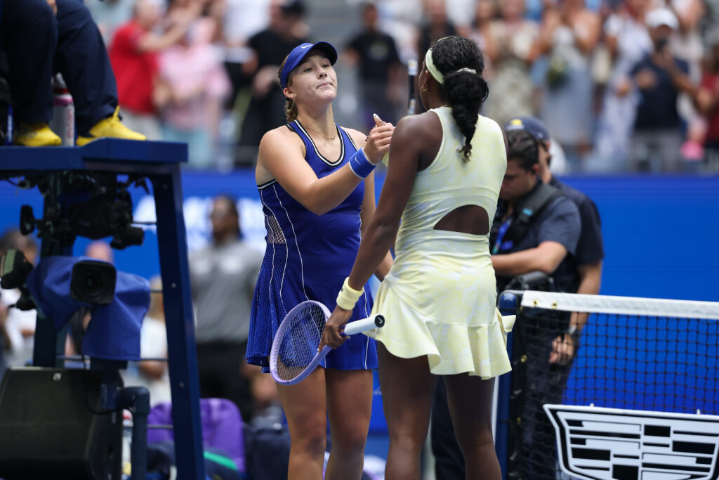 Mirra Andreeva and Coco Gauff shake hands at the net after a Women's Singles quarterfinal match on Day Eleven of the 2026 US Open at USTA Billie Jean King National Tennis Center on Wednesday, September 9, 2026 in Flushing, NY.