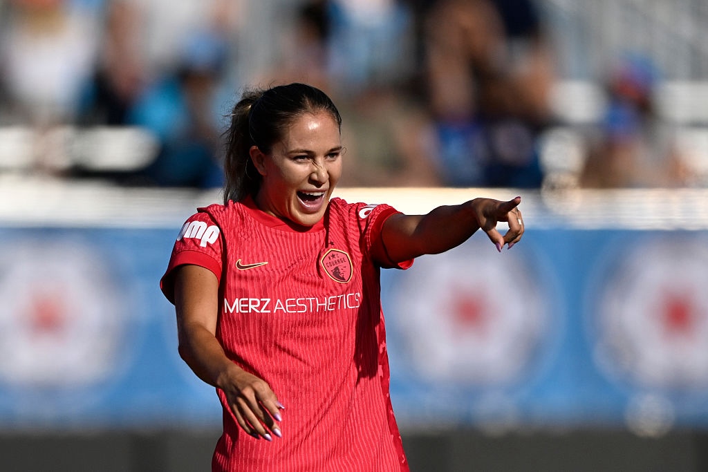 Ashley Sanchez #2 of North Carolina Courage celebrates scoring her team's sixth goal during the NWSL match between Chicago Stars FC and North Carolina Courage.