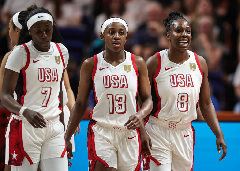 Kahleah Copper of USA, Jackie Young of USA, Chelsea Gray of USA react during the FIBA Women's Basketball World Cup Germany 2026 match between USA and Czechia at Berlin Arena.