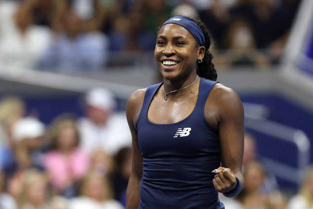 Coco Gauff of the United States celebrates after defeating Iva Jovic of the United States during their Women's Singles Fourth Round match on Day Nine of the 2026 US Open at USTA Billie Jean King National Tennis Center.