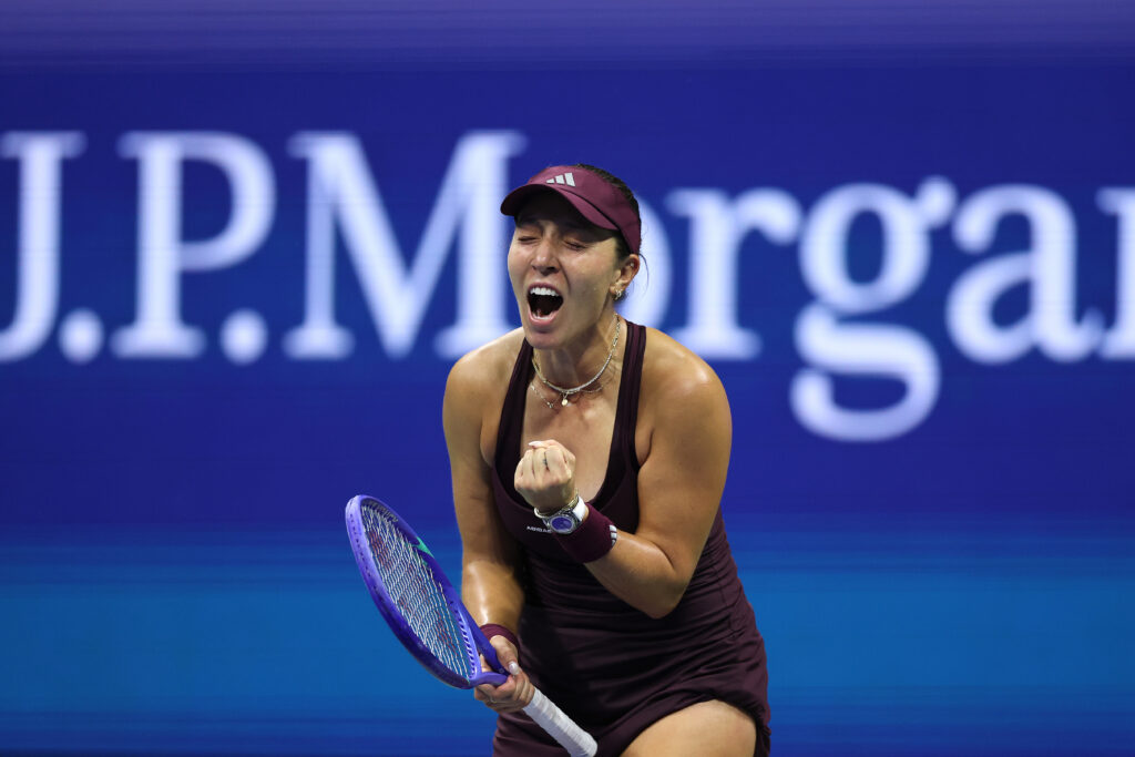Jessica Pegula of the United States celebrates match point against Emma Navarro of the United States during their Women's Singles Quarterfinal match on Day Ten of the 2026 US Open at USTA Billie Jean King National Tennis Center.