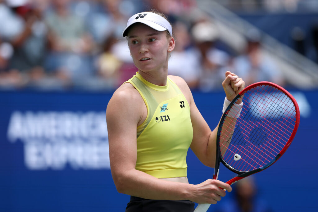 Elena Rybakina of Kazakhstan reacts against Qinwen Zheng of China during their Women's Singles Quarterfinal match on Day Eleven of the 2026 US Open at USTA Billie Jean King National Tennis Center on September 09, 2026 in the Flushing neighborhood of the Queens borough of New York City.