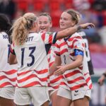 Kennedy Fuller of United States (R) celebrates her third goal with teammates during a 2026 FIFA U-20 Women's World Cup match.
