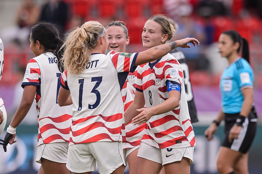 Kennedy Fuller of United States (R) celebrates her third goal with teammates during a 2026 FIFA U-20 Women's World Cup match.