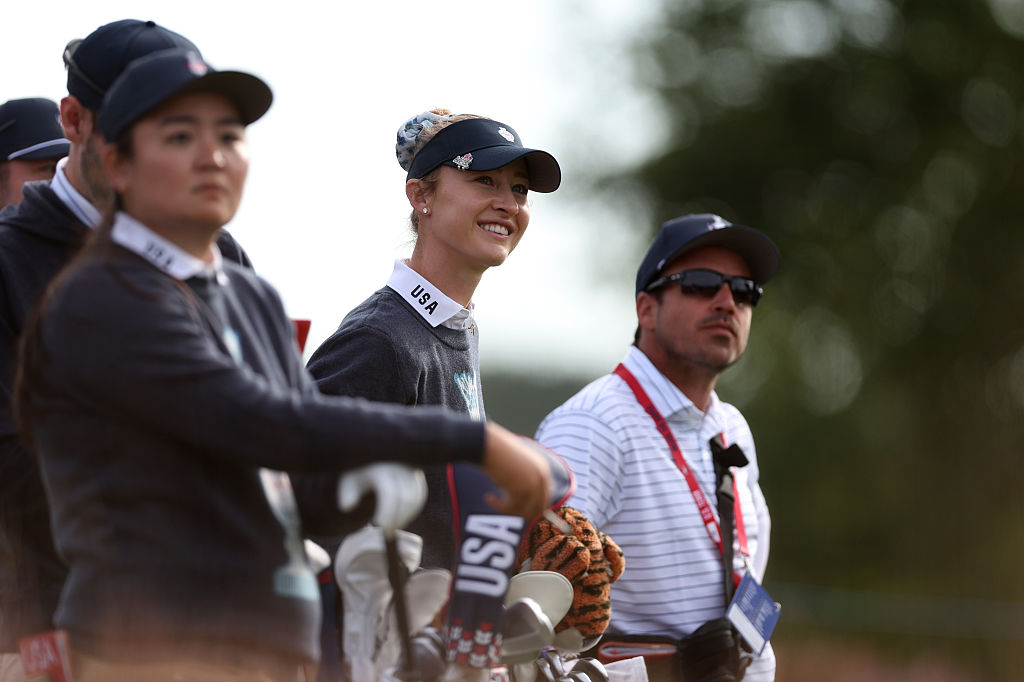 Nelly Korda of Team United States reacts during a practice round prior to the Solheim Cup 2026 at Bernardus Golf on September 10, 2026 in Cromvoirt, Netherlands.