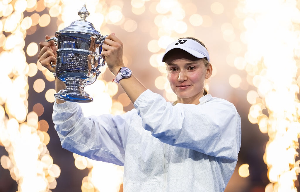 Elena Rybakina of Kazakhstan poses with the champions trophy after defeating Aryna Sabalenka in the women's singles final at the 2026 US Open.